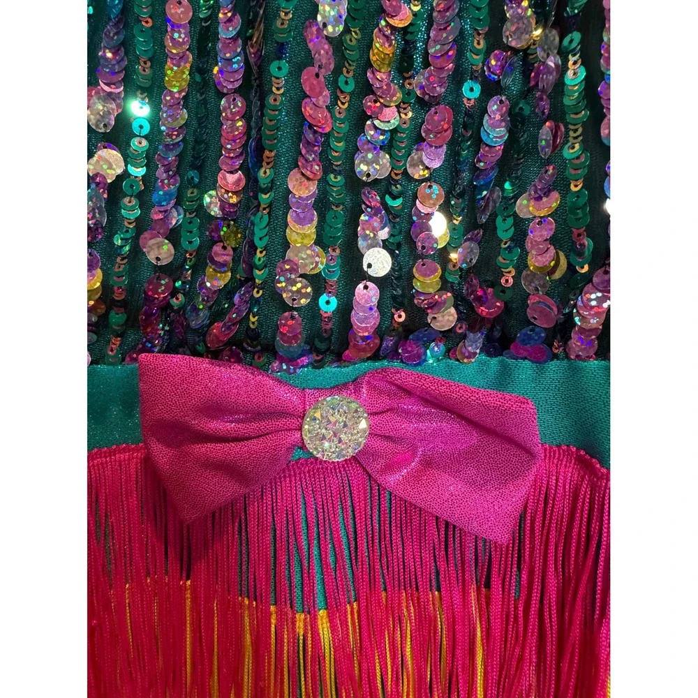 Kids Sequin Fringe Dance Leotard Costume Teal Pink Yellow Performance Comp MC